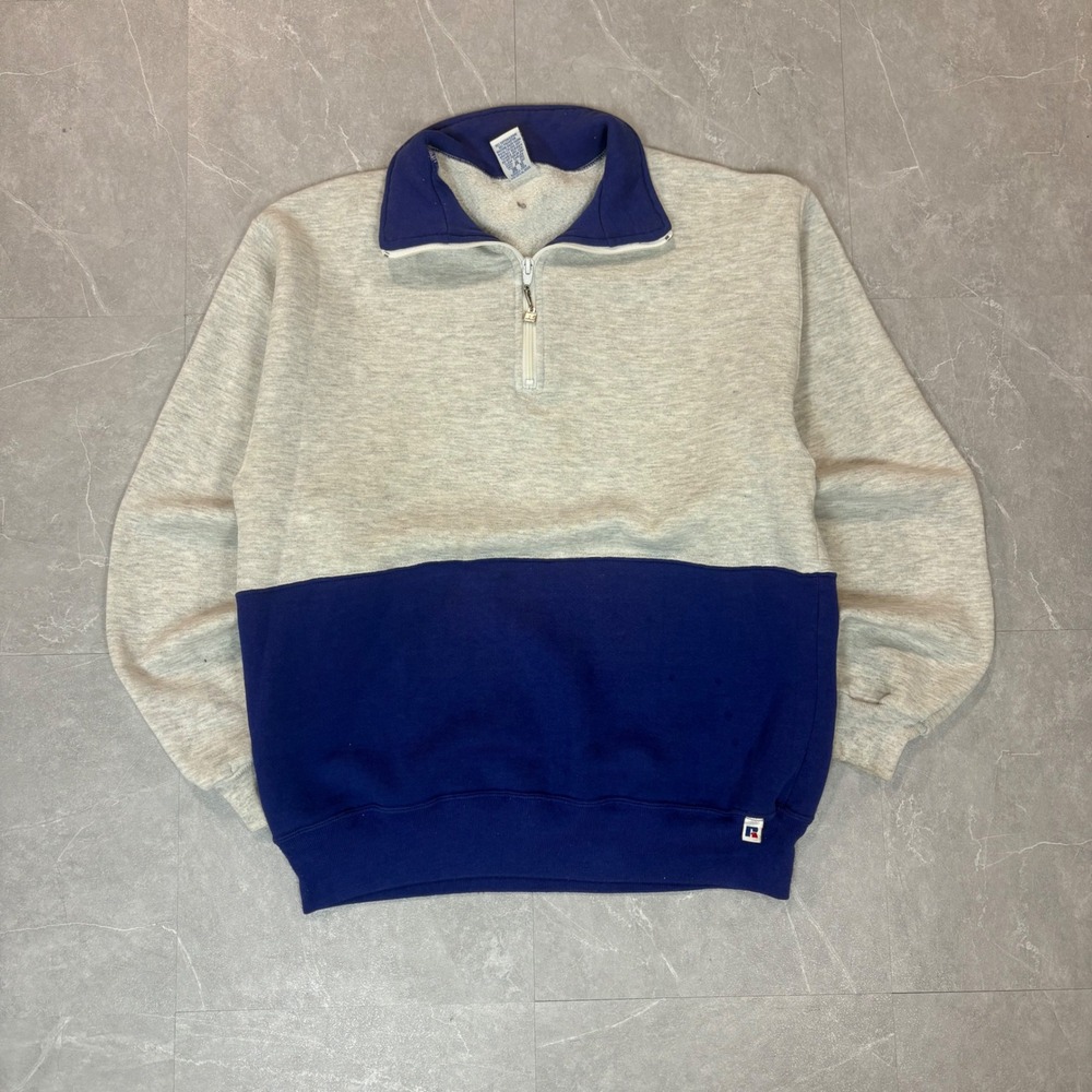 Vintage Russell Athletic Quarter Zip Sweatshirt Mens Large Made in USA Blue Grey